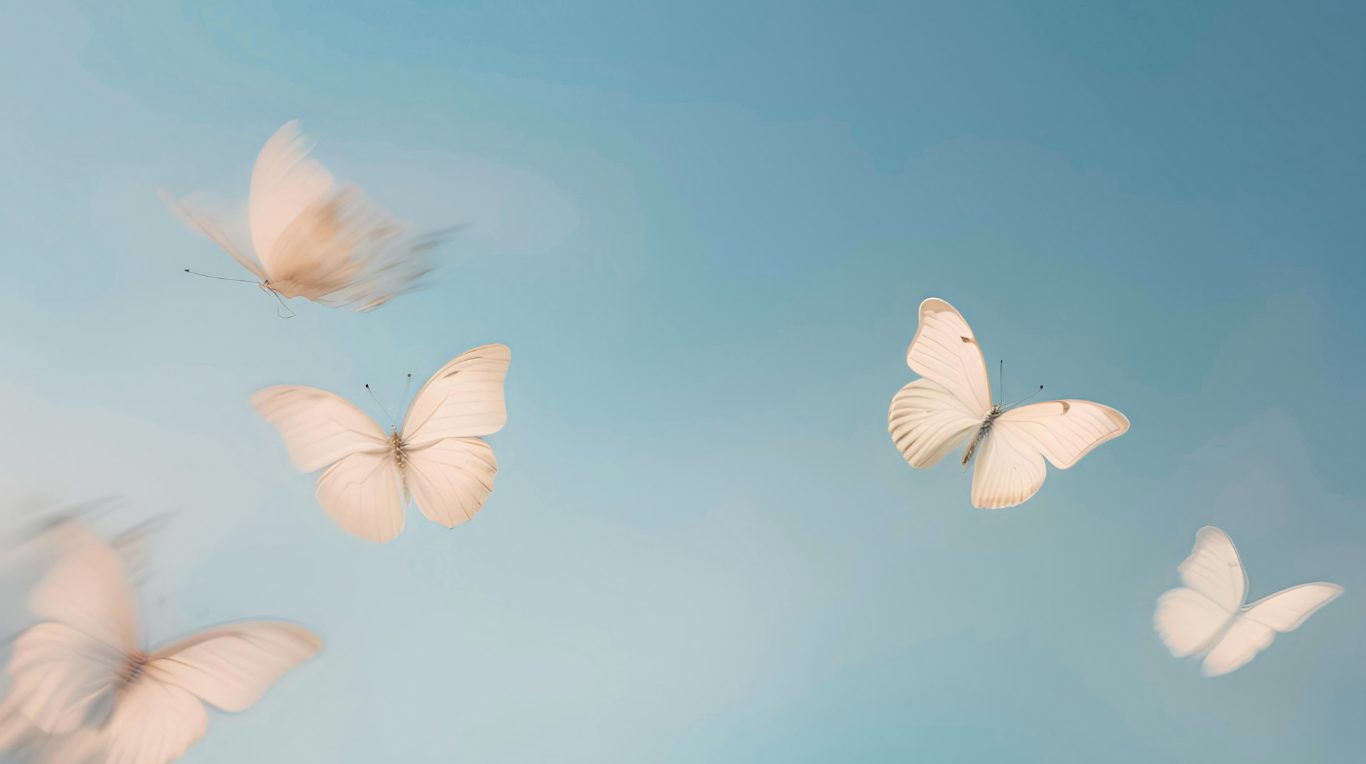 Mariposas claras sobre un cielo azul suave
