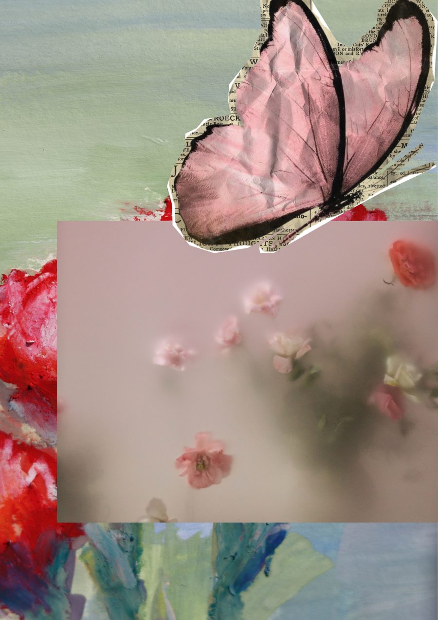 Collage of a paper butterfly over painted flowers and a soft photograph of pink blossoms