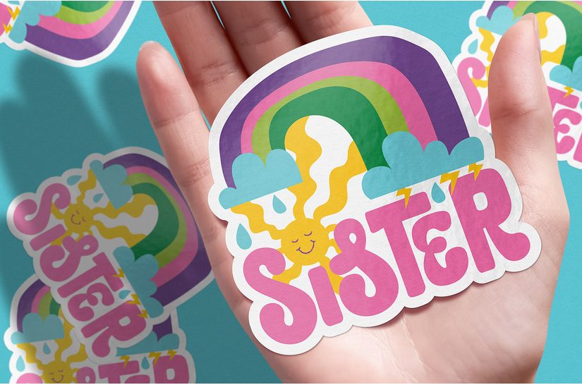 Illustrated SISTER stickers with a rainbow, clouds and a sun